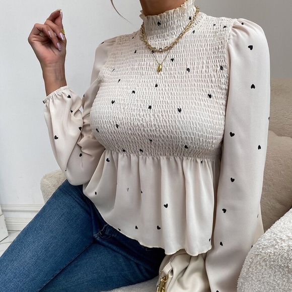 Boho Burgundy Red Heart Print Frill Neck Top - Picture 4 of 7